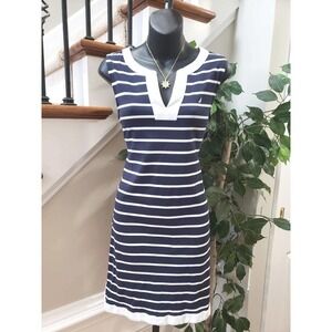Nautica Women Breton Stripes Sleeveless V-neck Stretch Cotton Polo Casual Medium